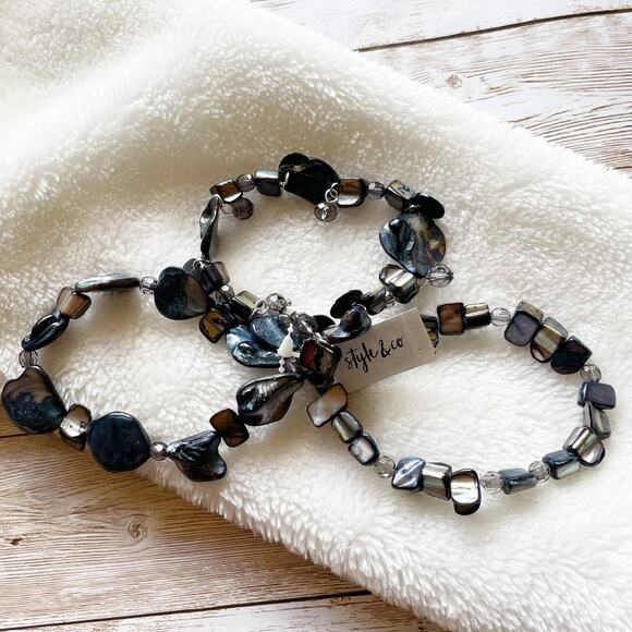 Style & Co Three Row Abalone Shell Stretch Bracelets Blue Silver New - Picture 3 of 11